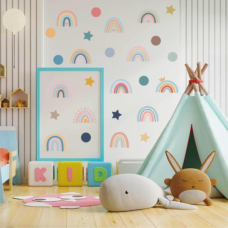 CharmFlo Rainbow Wall Decals for Children Room - 4 Sheets 76Pcs Boho Star & Dots Wall Stickers | Peel and Stick Nursery Decor, Playroom, Classroom | Removable Waterproof Wall Art - Image 2
